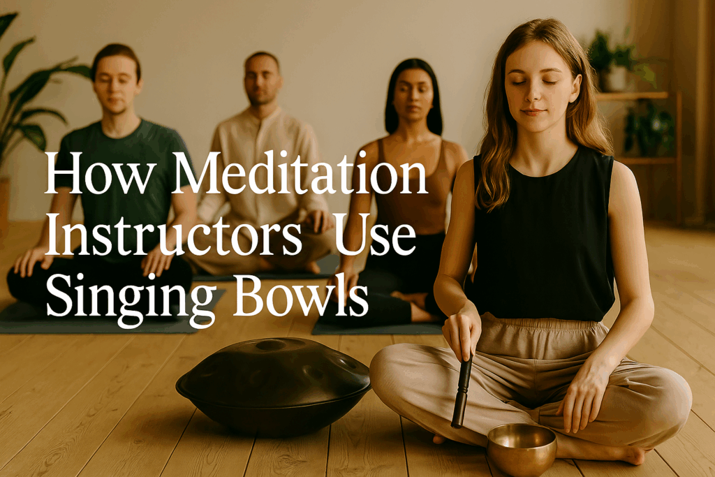 Meditation instructor opening session with singing bowl