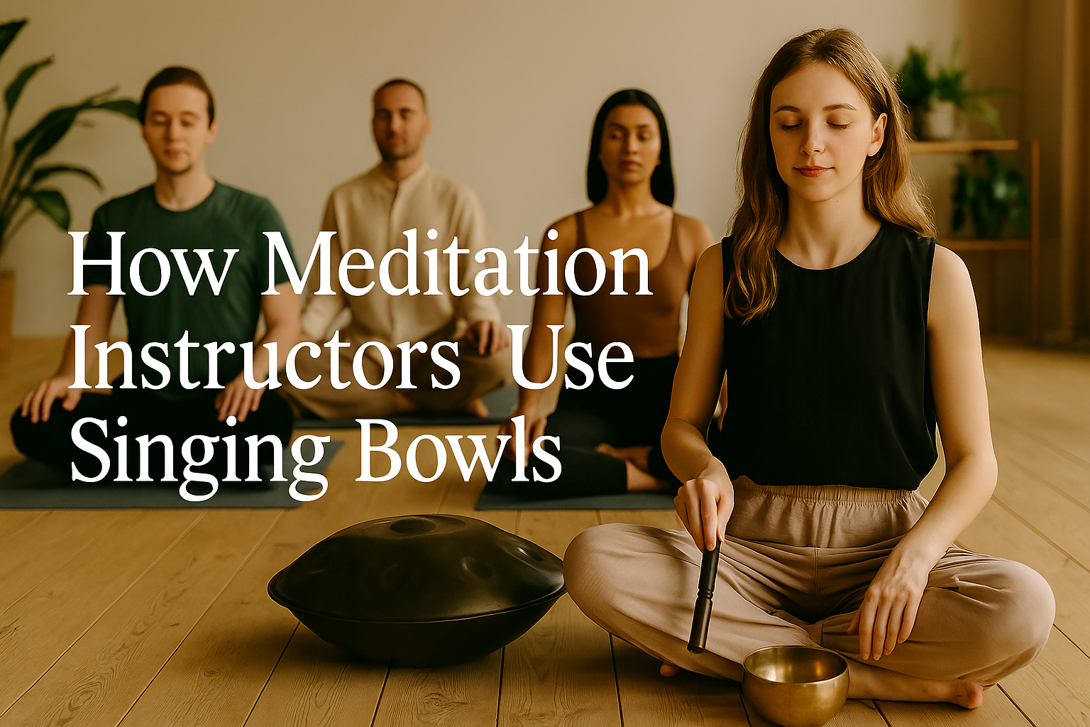 Meditation instructor opening session with singing bowl