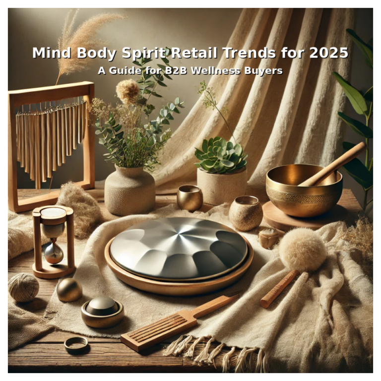 alt="Mind body spirit product display with singing bowls and handpan"
