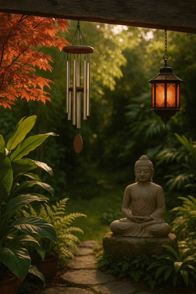 A wind chime, Japanese lantern, and Buddha statue in a peaceful garden setting, symbolizing cultural harmony and spiritual calm.