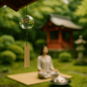 Traditional Japanese wind chime hanging in a Zen garden