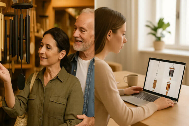 Customers selecting wind chimes in a store or browsing online