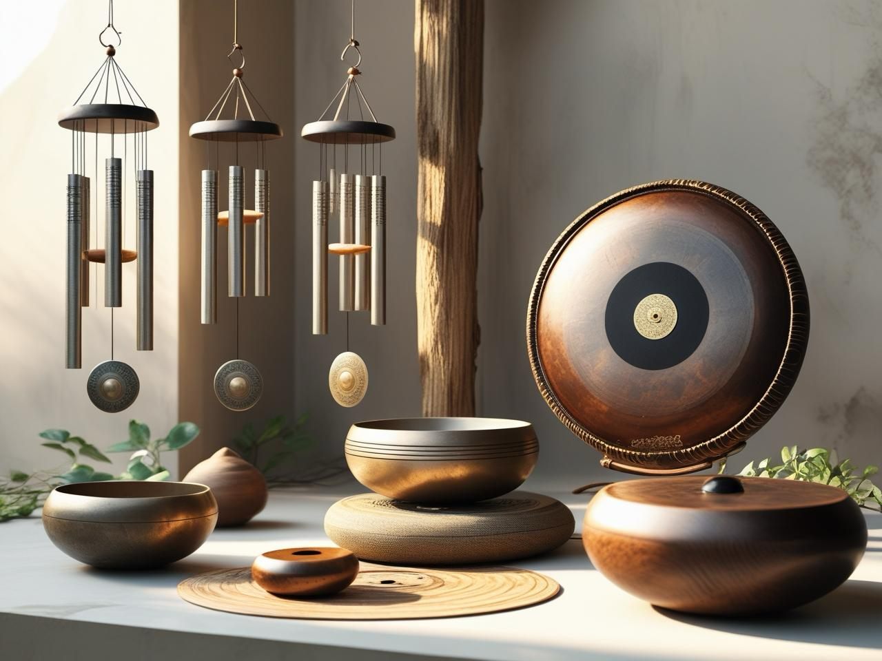 Wind chimes, a gong and singing bowls in a home interior - wholesale home decor by Dionysus Artcrafts