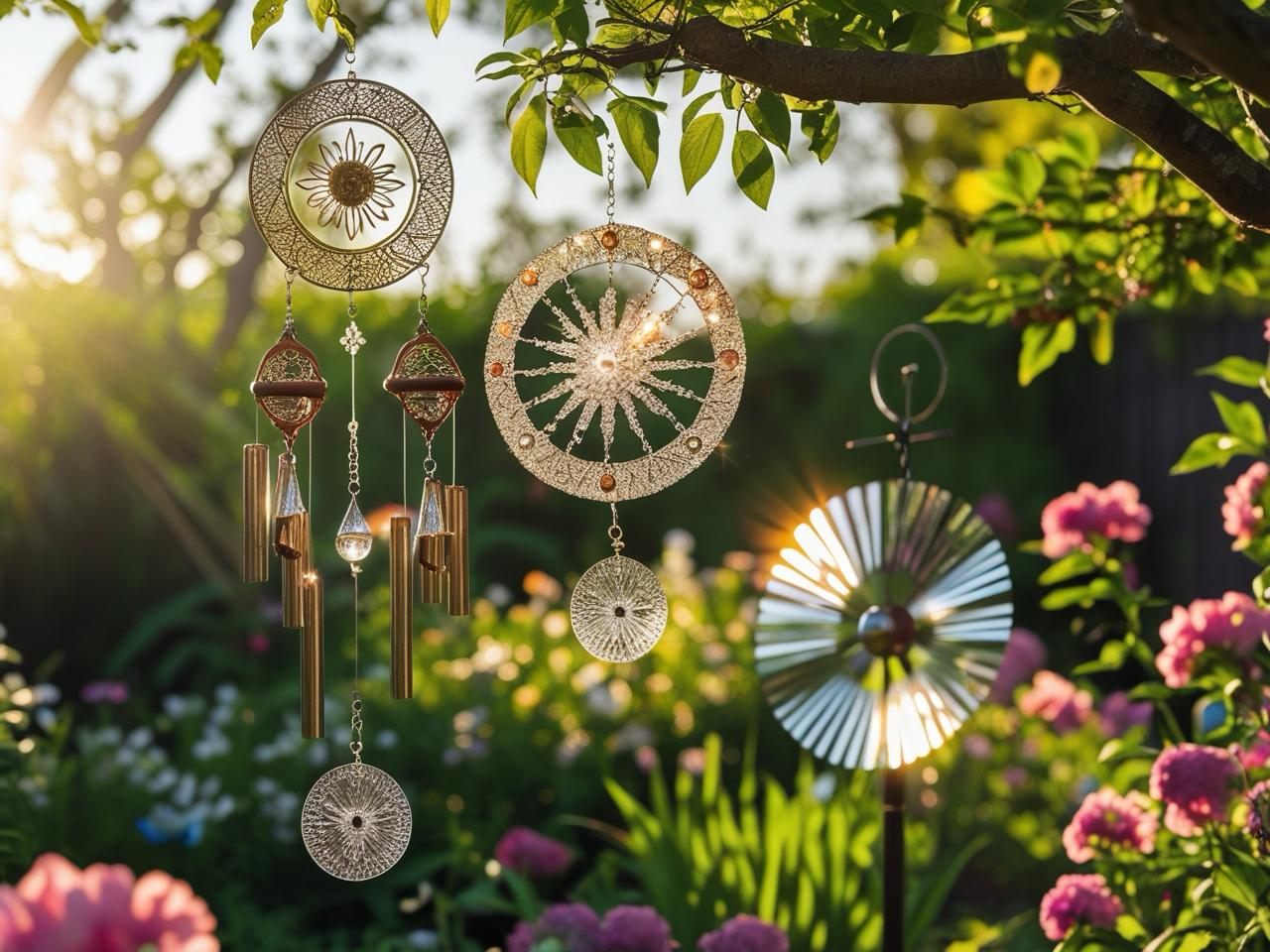 Metal filigree wind chimes and a wind spinner in a sunlit garden - wholesale garden decor by Dionysus Artcrafts